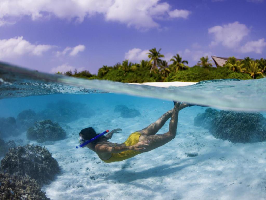 Mergulho com snorkel em águas cristalinas e vida marinha vibrante das Maldivas
